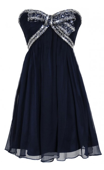 Sequin Bow Chiffon Designer Dress by Minuet in Navy/Silver